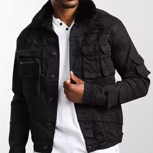 Buckle Smoke  Rise Black Military-Style Utility stretch Jacket  Faux Fur Collar